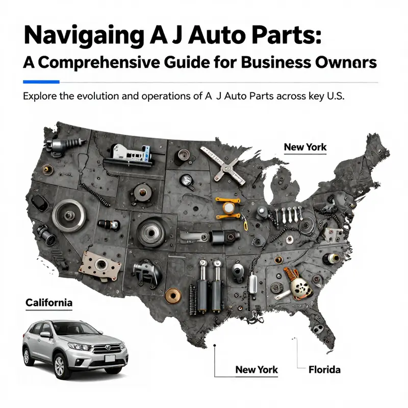 Collage of auto parts with labels for California, New York, and Florida, illustrating A J Auto Parts' business entities.