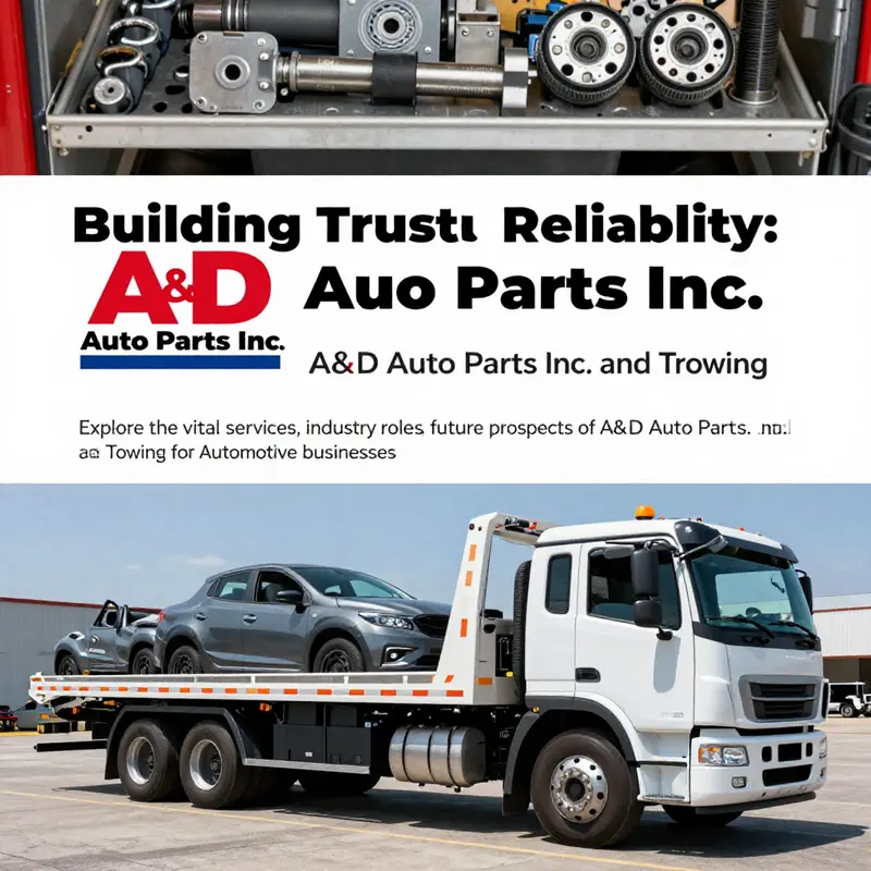 A dynamic banner showcasing A&D Auto Parts Inc. and Towing with vehicles and automotive parts.