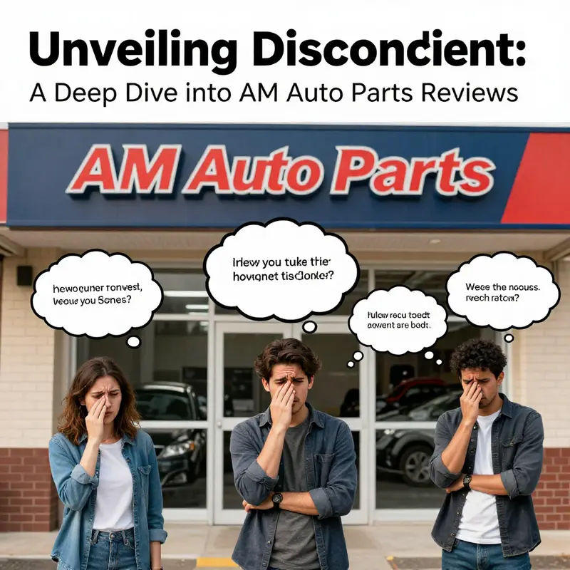 AM Auto Parts store with customers showing dissatisfaction through thought bubbles illustrating their complaints.