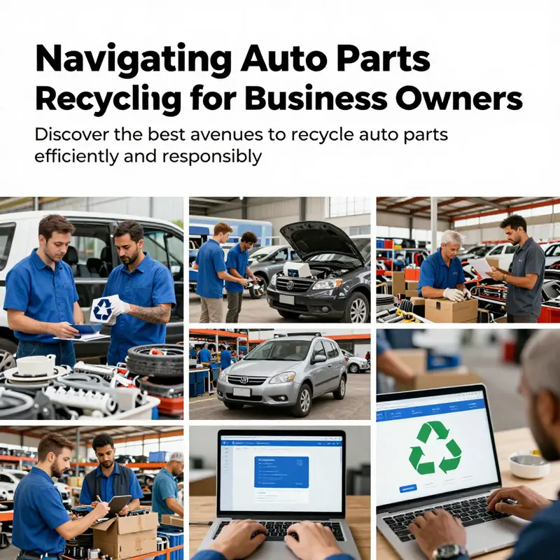 A collage depicting different methods of recycling auto parts, highlighting professionals, markets, and online platforms.