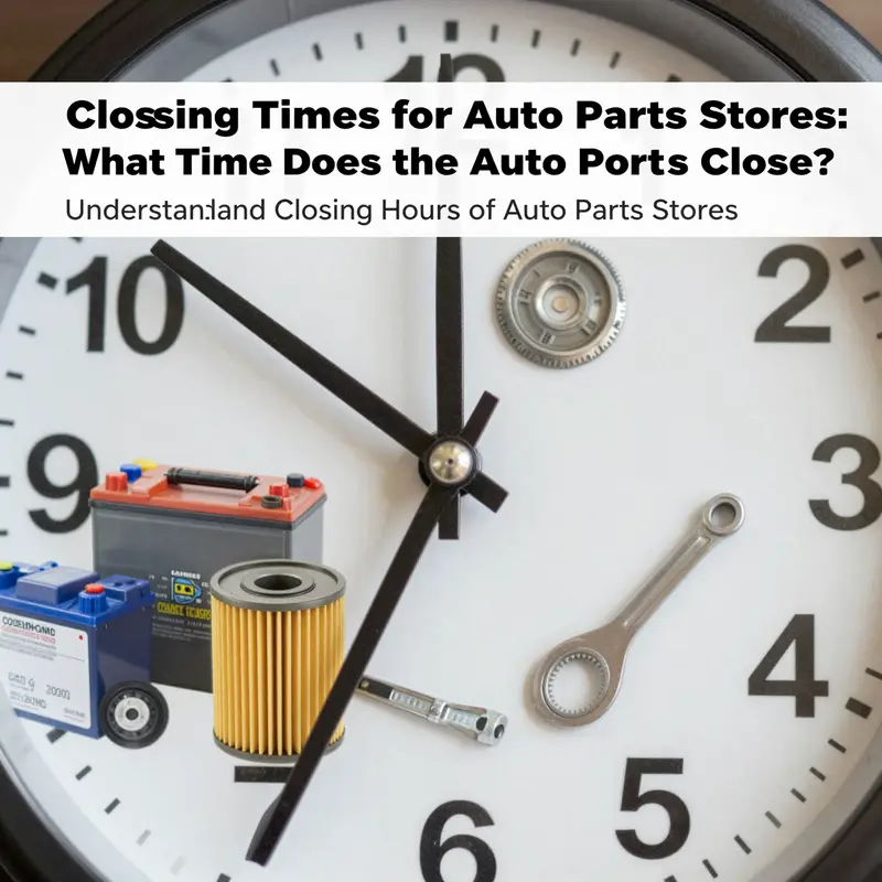 A visual representation of closing times for auto parts stores reflected through a clock and various auto parts.