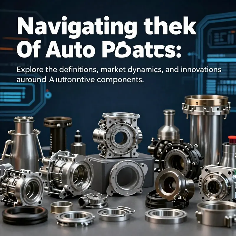 A collection of various auto parts displayed against a technical background representing automotive innovation.