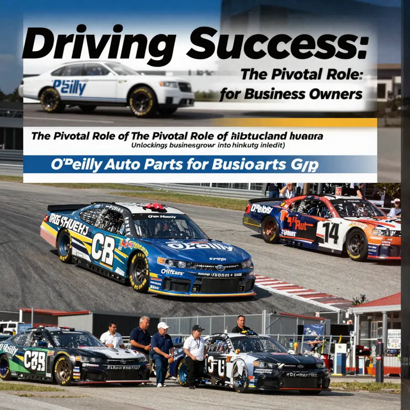 A collage showing O'Reilly Auto Parts products, motorsports action, and happy customers in an automotive retail setting.