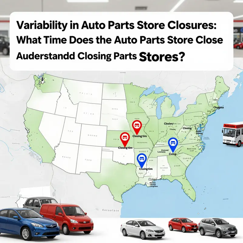 A visual representation of closing times for auto parts stores reflected through a clock and various auto parts.