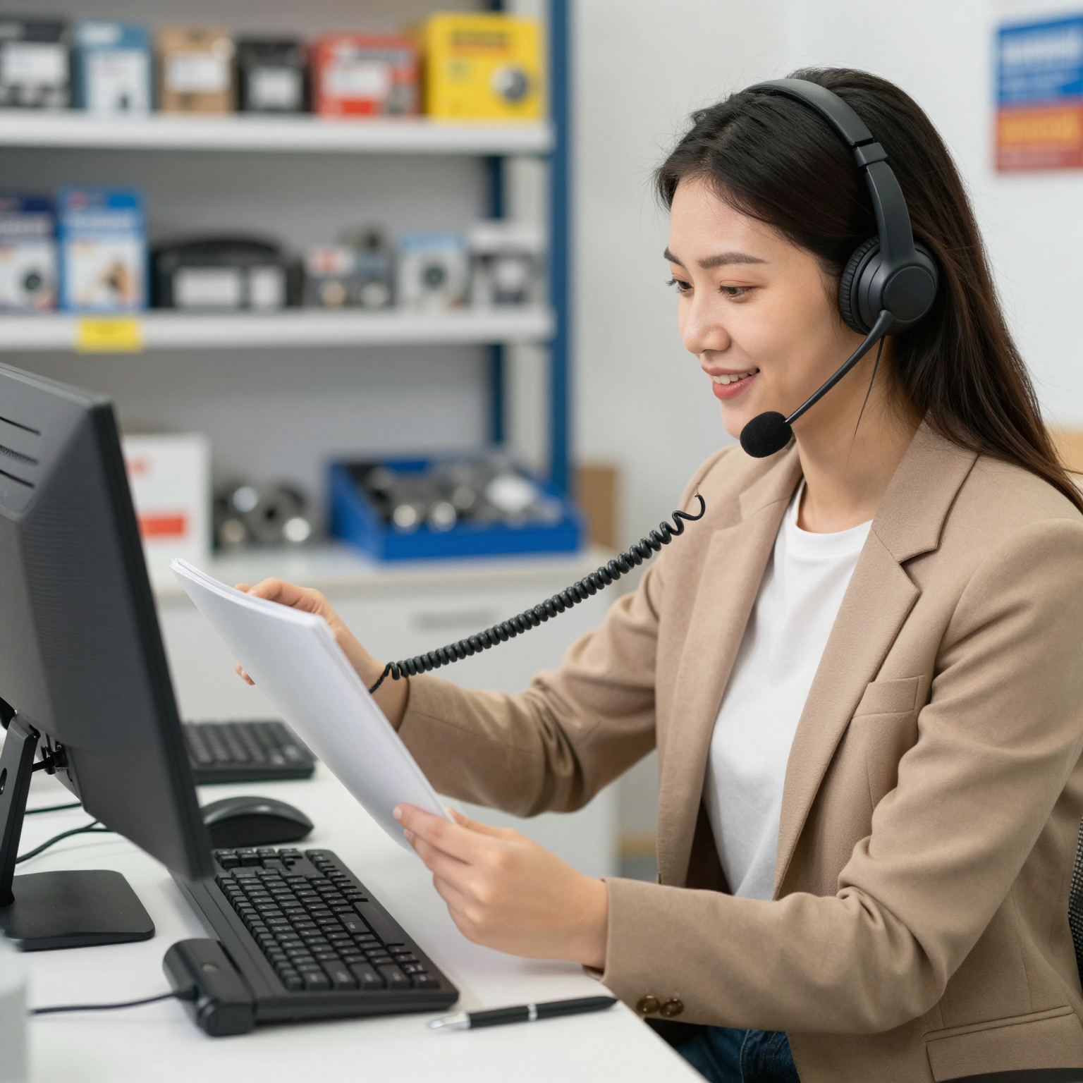 Customer support representative assisting a business owner with auto parts