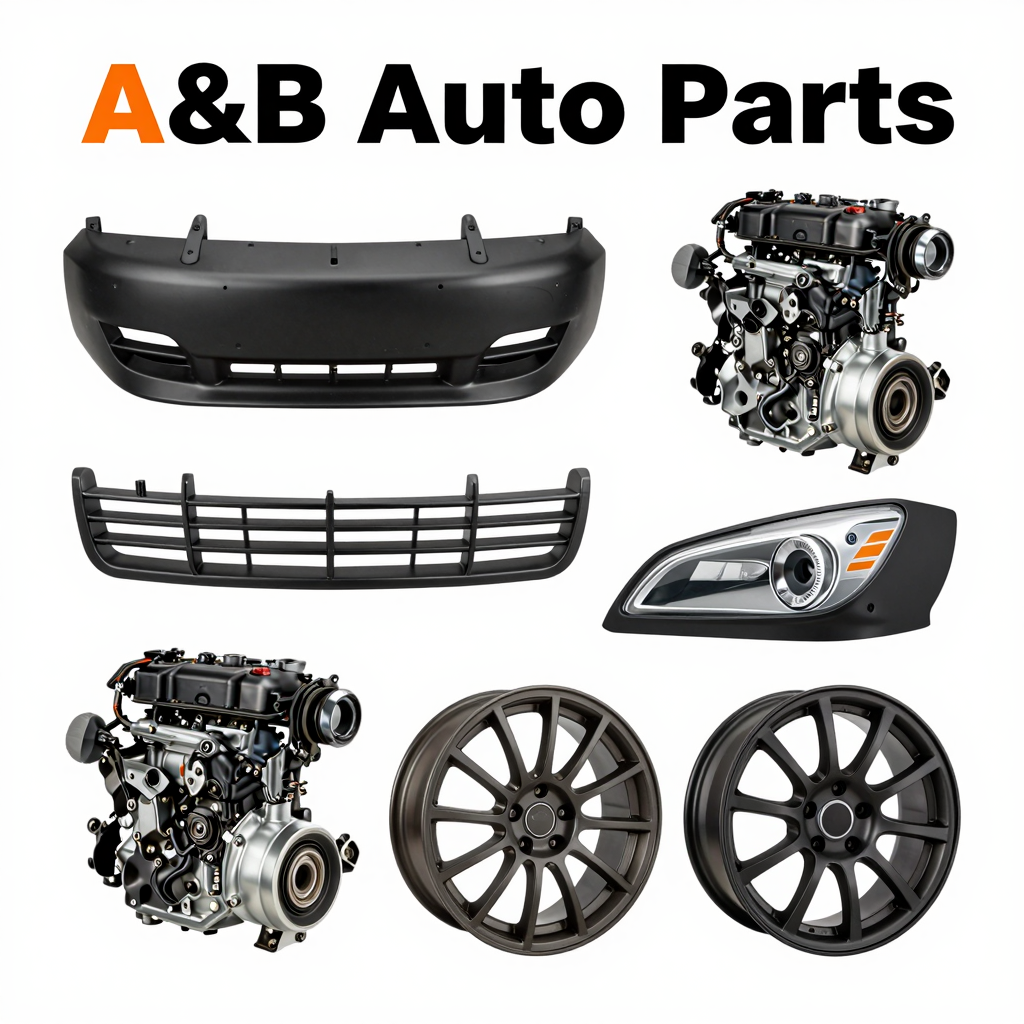Various auto parts including a front bumper, engine components, and headlights