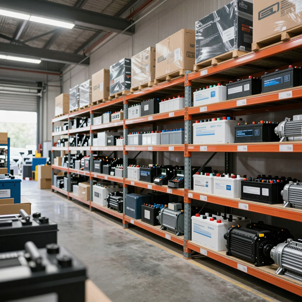 Modern auto parts warehouse focusing on electric vehicle components