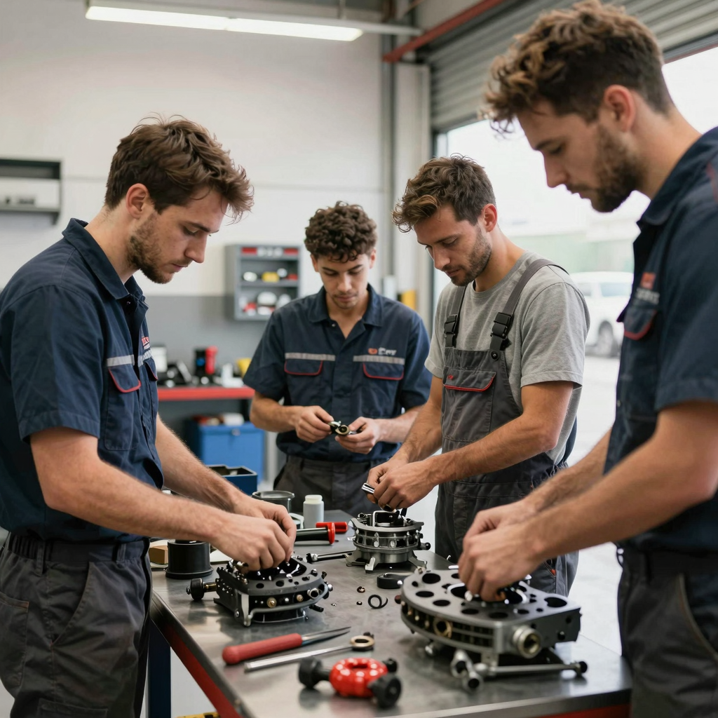 Team of Mechanics Working on Auto Parts