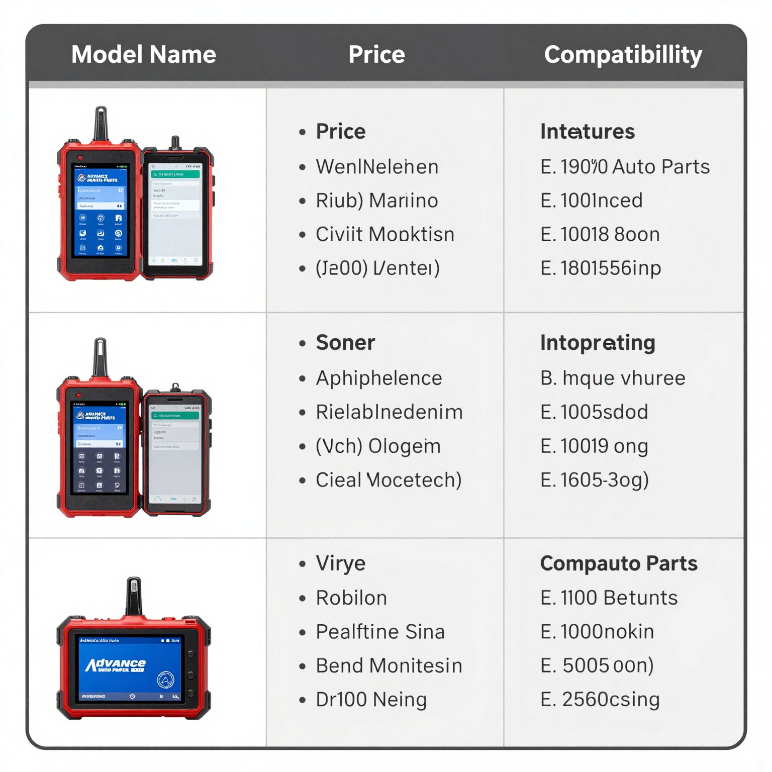 Code Reader Comparison Table