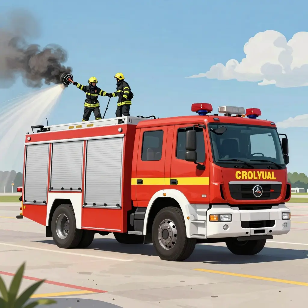 An illustration of a high-performance airport fire truck in action, showcasing its advanced features used for aviation safety.