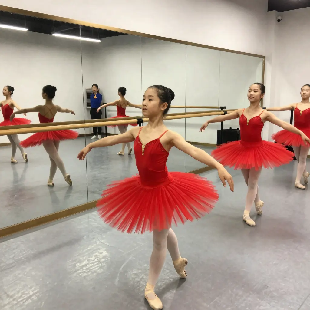 Young dancers rehearsing in red tutus in a studio