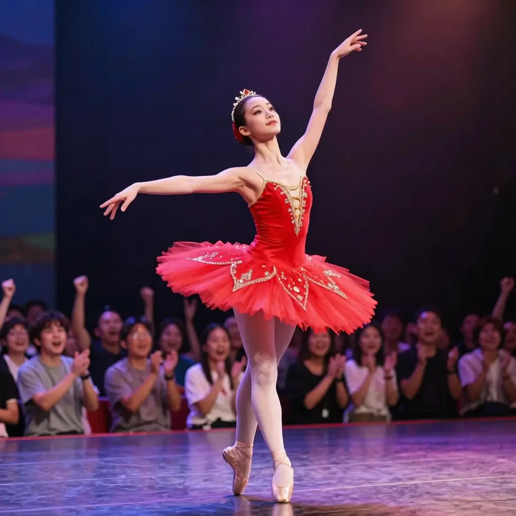 Ballet dancer in a vibrant red tutu on stage