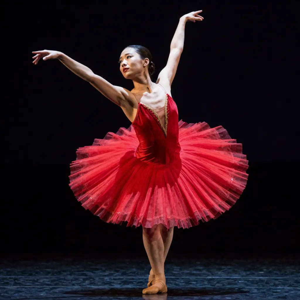 Solo dancer in a striking red tutu during a contemporary performance