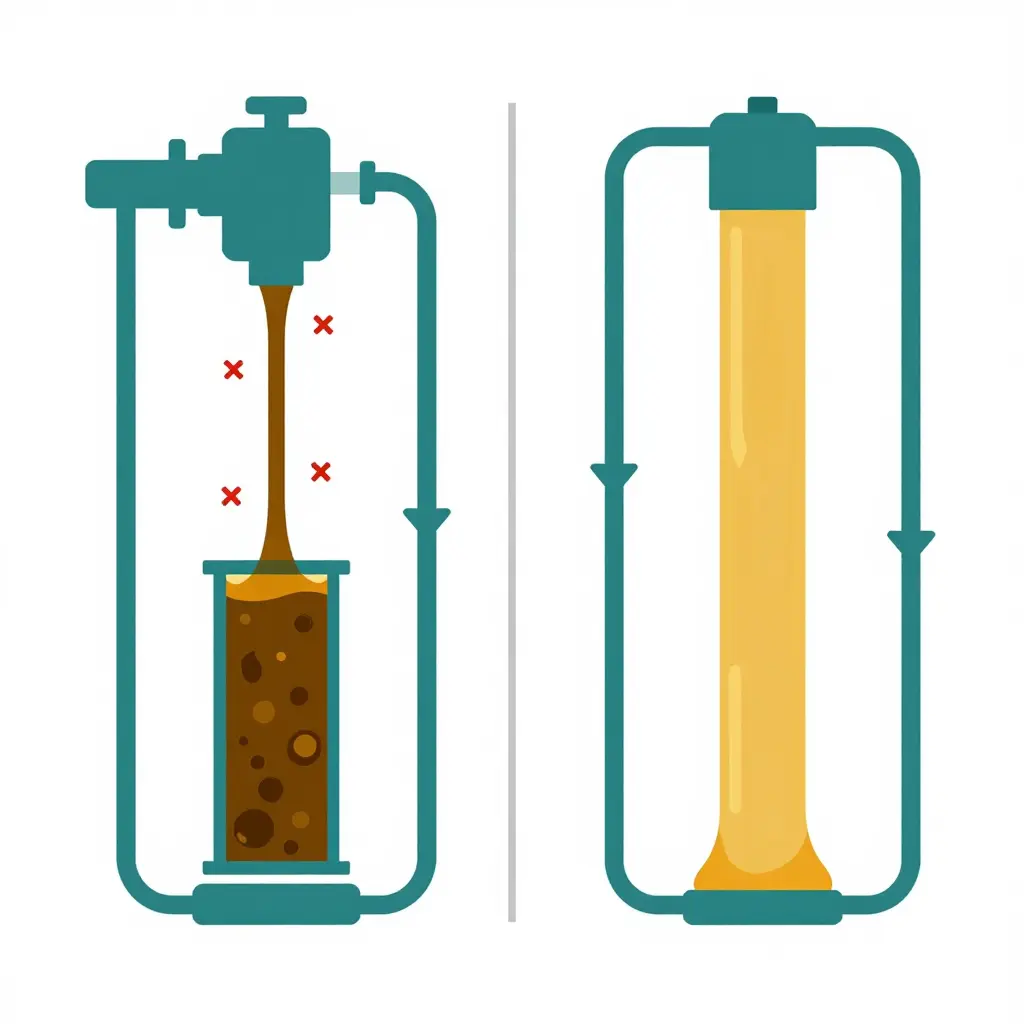 Side-by-side comparison of cold-start hydraulic flow: restricted thick cold oil versus smooth-flowing correct low-temperature oil