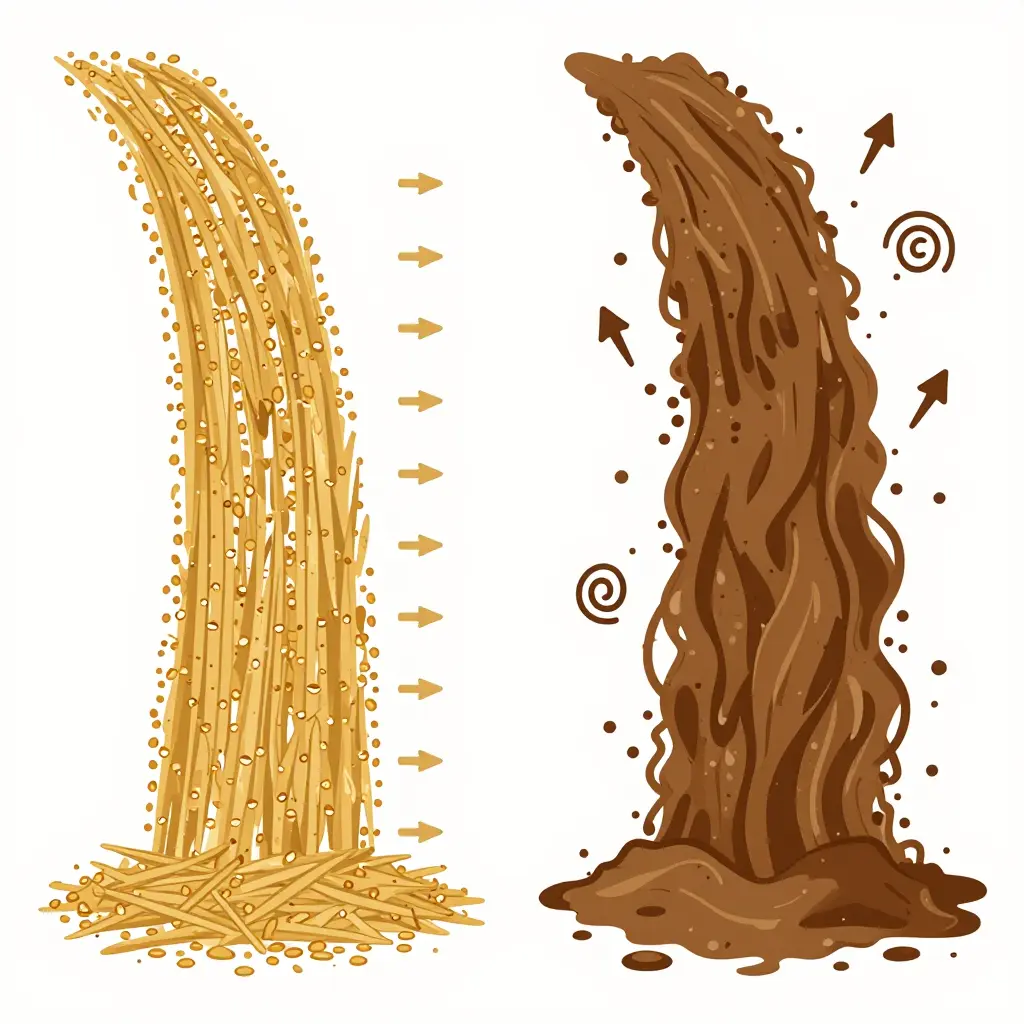 Flat two-dimensional schematic comparing dry crop flow versus wet crop flow through a combine harvester threshing system