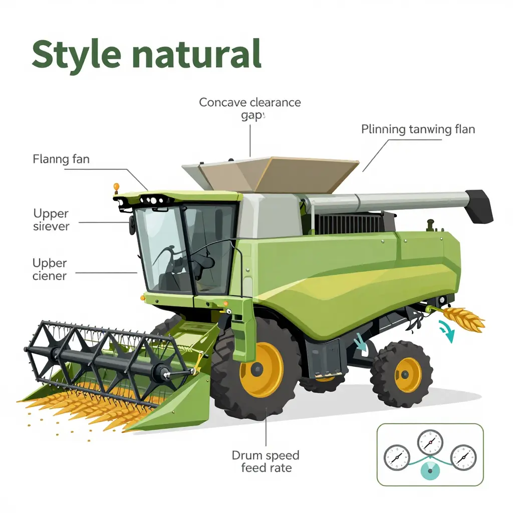 Cutaway diagram of a combine harvester showing drum speed, concave clearance, cleaning fan airflow, sieves, and grain flow, with an inset of three connected adjustment gauges