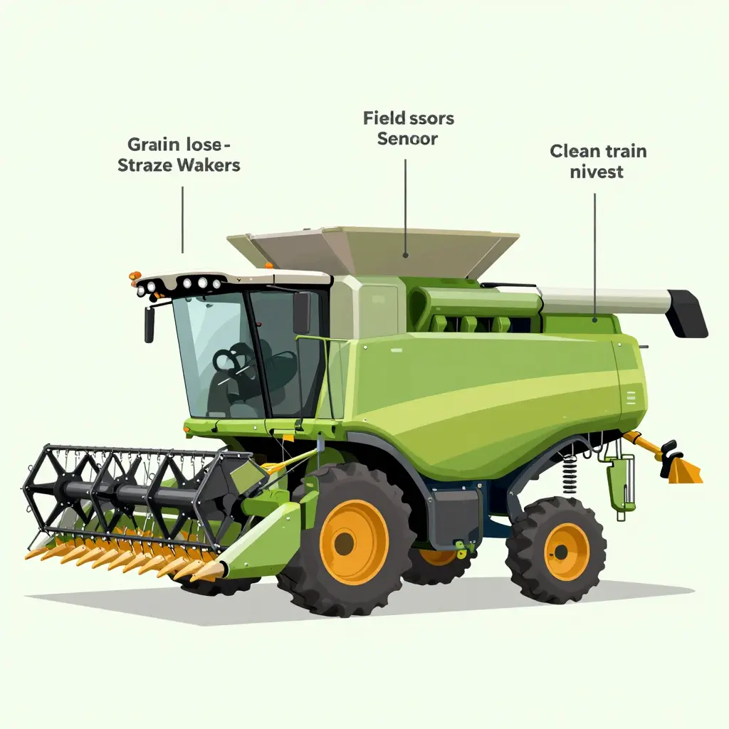 Cutaway diagram of a modern combine harvester showing labeled grain loss, yield, and moisture sensor locations, plus a cab monitor displaying real-time drum speed and loss data