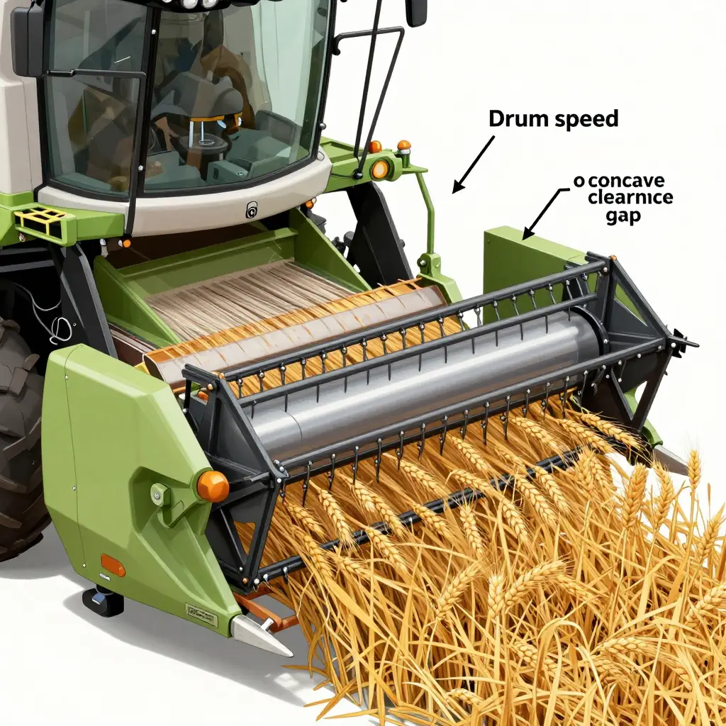 Cross-section diagram of a combine threshing cylinder and concave showing drum speed, concave clearance, and grain separation in wet crop