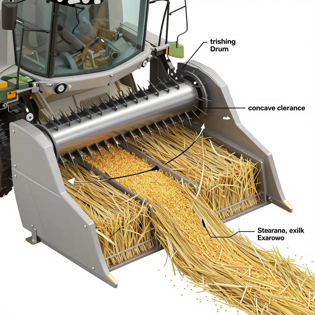 Cross-section diagram of a combine harvester threshing drum, rasp bars, concave grate, and crop mat flow path
