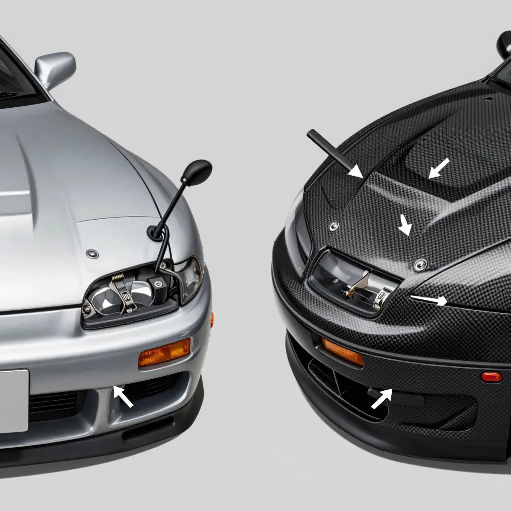 Cutaway diagram comparing an OEM steel 3000GT hood panel that flexes into the latch versus a stiff carbon fiber hood transmitting stress straight into the striker and hinges