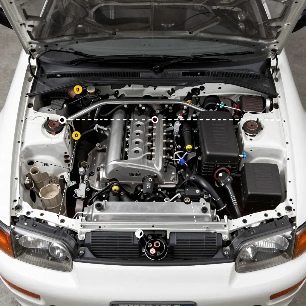 Top-down technical diagram of a 1994-1999 Mitsubishi 3000GT engine bay showing recommended hood pin placement near the radiator support and forward frame rails, with dashed lines illustrating pin-to-hole alignment geometry