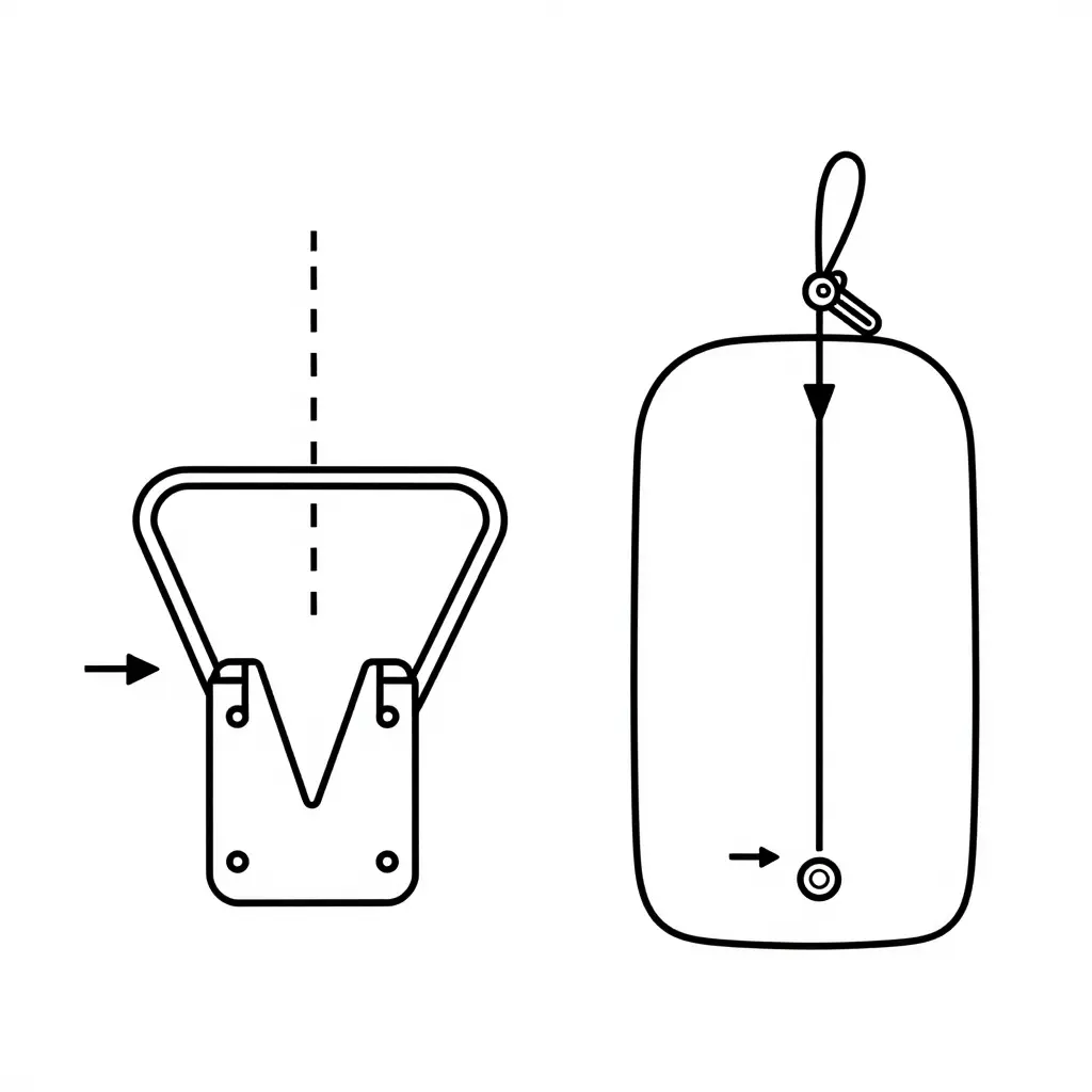 Minimalist 2D technical line-art diagram with two panels: a top-down view of a hood latch striker bar engaging the latch assembly with fore-aft and lateral adjustment arrows, and a side view of a vertical hood pin rod passing through its circular mounting hole with a retention clip and a vertical adjustment arrow.