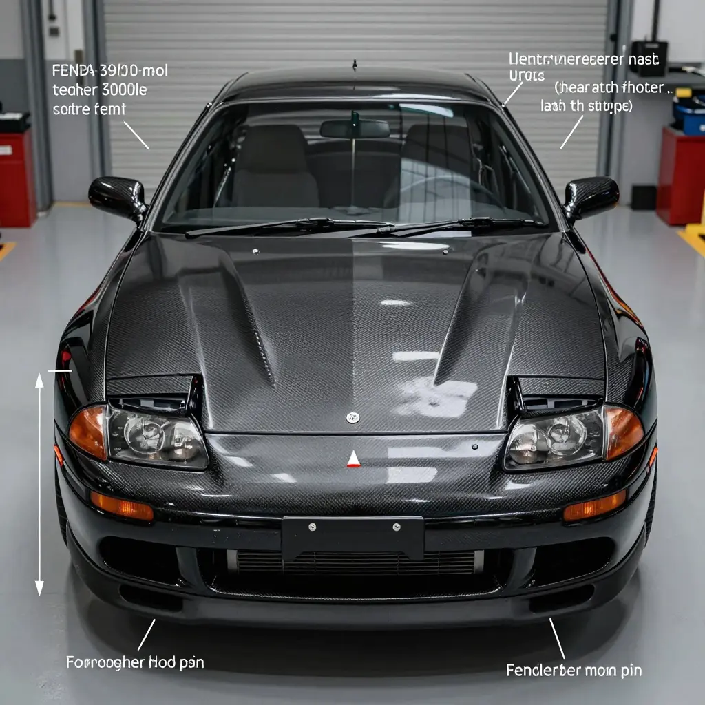 Technical diagram of 3000GT hood latch alignment and hood pin placement points
