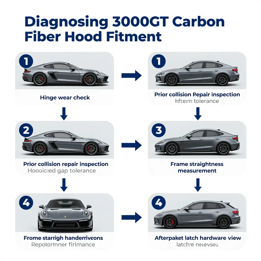 Flowchart for diagnosing 3000GT carbon fiber hood fitment, showing hinge wear, prior collision repair, frame straightness, and aftermarket latch hardware checks
