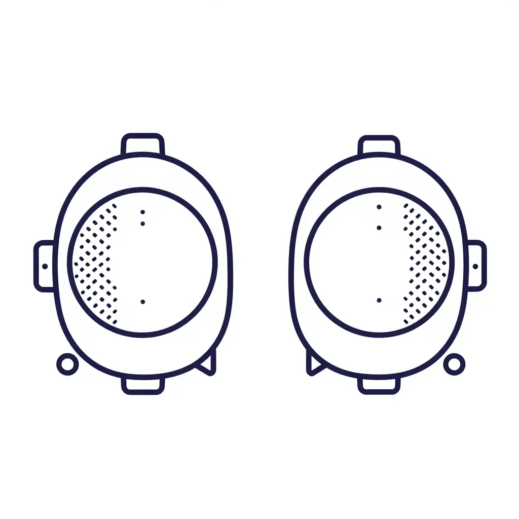 Flat two-dimensional technical line diagram of two mirrored 1995-1999 Mitsubishi 3000GT headlight assembly outlines, showing mounting tab positions, lens prism orientation, and connector locations with simple geometric markers