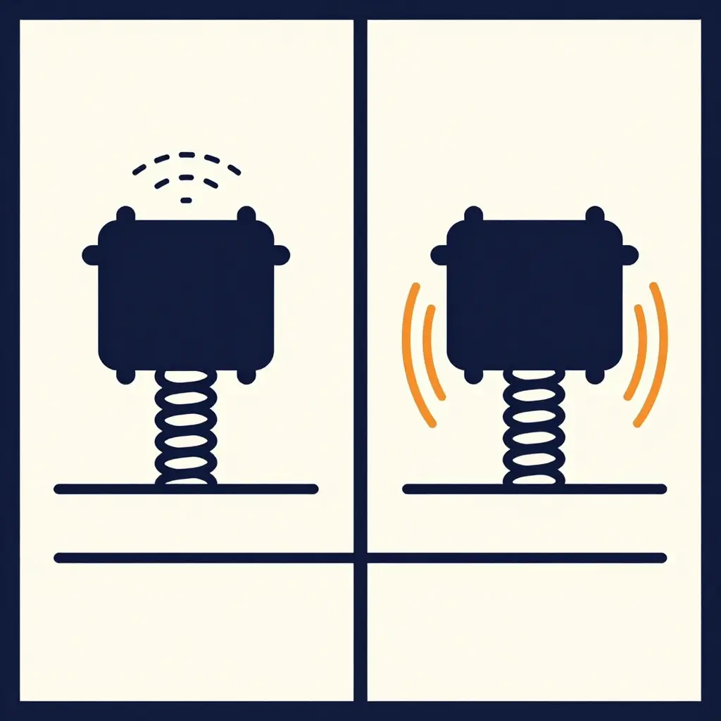 Side-by-side 2D schematic comparing a healthy engine mount that damps vibration against a collapsed mount that lets vibration pass undamped from the engine block to the subframe