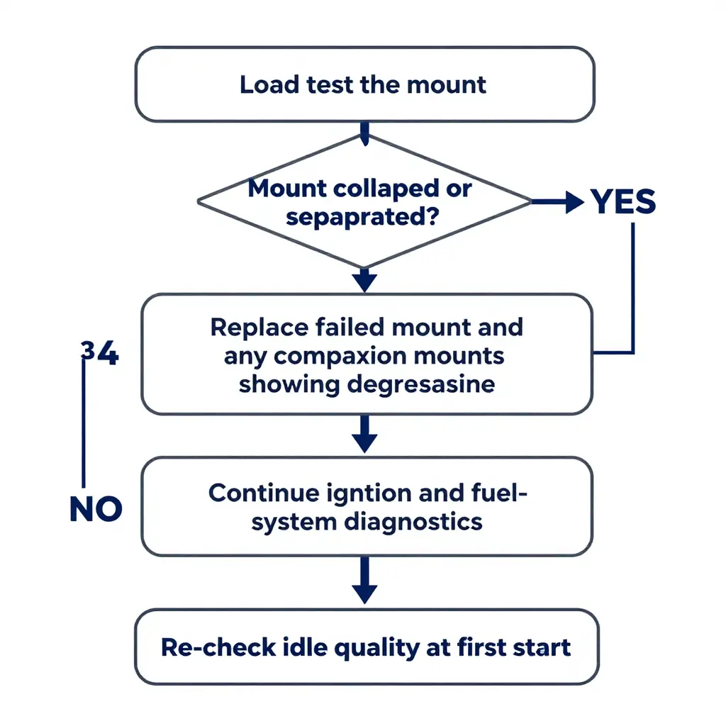 Decision flowchart showing the load test gate, the replace-or-continue branch, and the post-swap idle re-check for the 2001 Mitsubishi Lancer Cedia 4G15 engine mount replacement decision