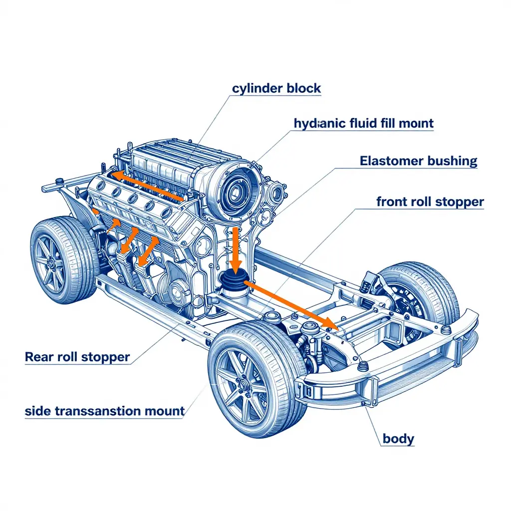 Diagram of the 4G15 engine mount load path from cylinder block to subframe and body
