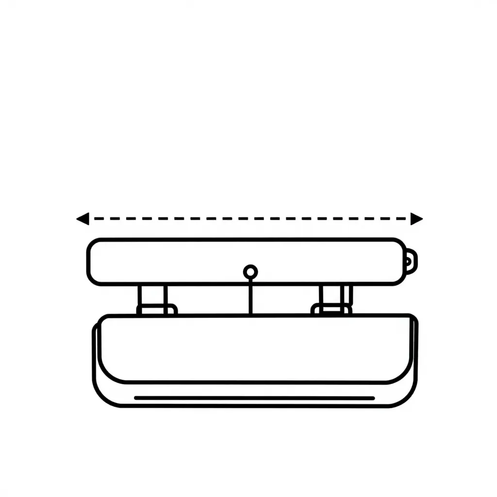 Technical schematic diagram of a hood latch system showing the latch body, striker bar, hinges, and the reach distance between the striker and latch, with an origin point and adjustment direction arrow.