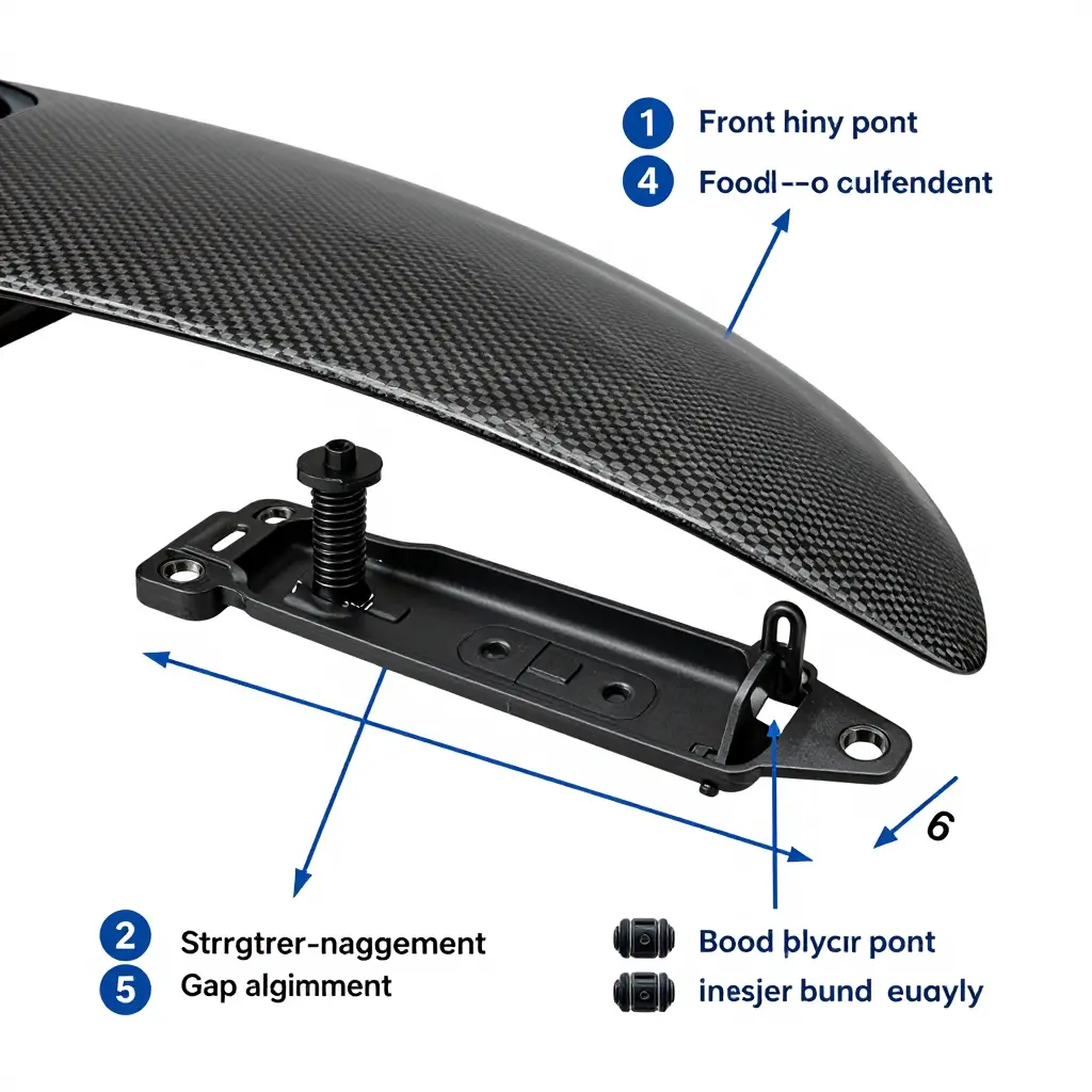 Diagnostic diagram of the hood latch assembly showing striker engagement depth, hinge alignment, and bump stops on a carbon fiber hood