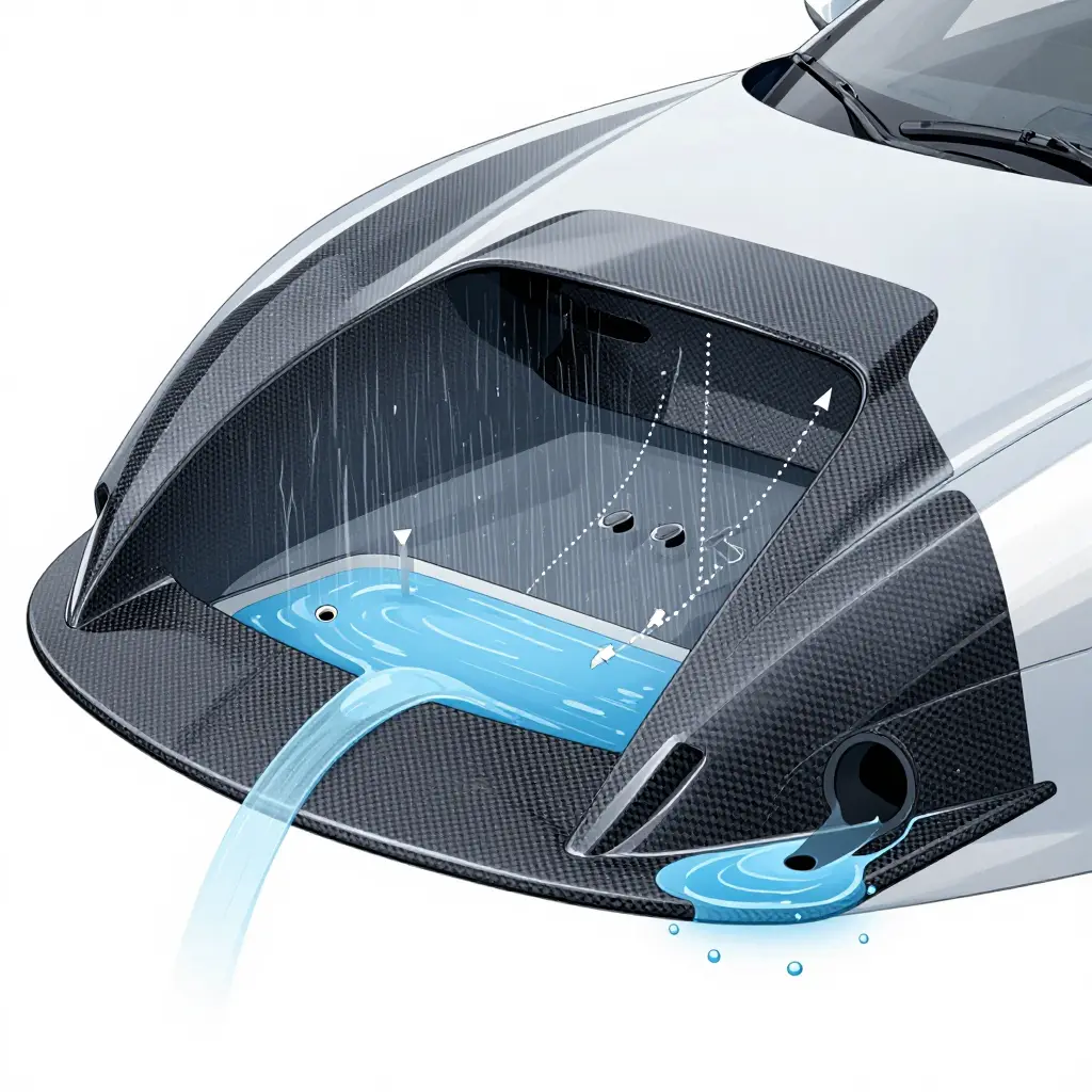 Cross-section diagram of the Monster GT carbon hood scoop showing rainwater entering the opening, collecting at the low point of the composite floor, and draining through either a clear or blocked outlet.