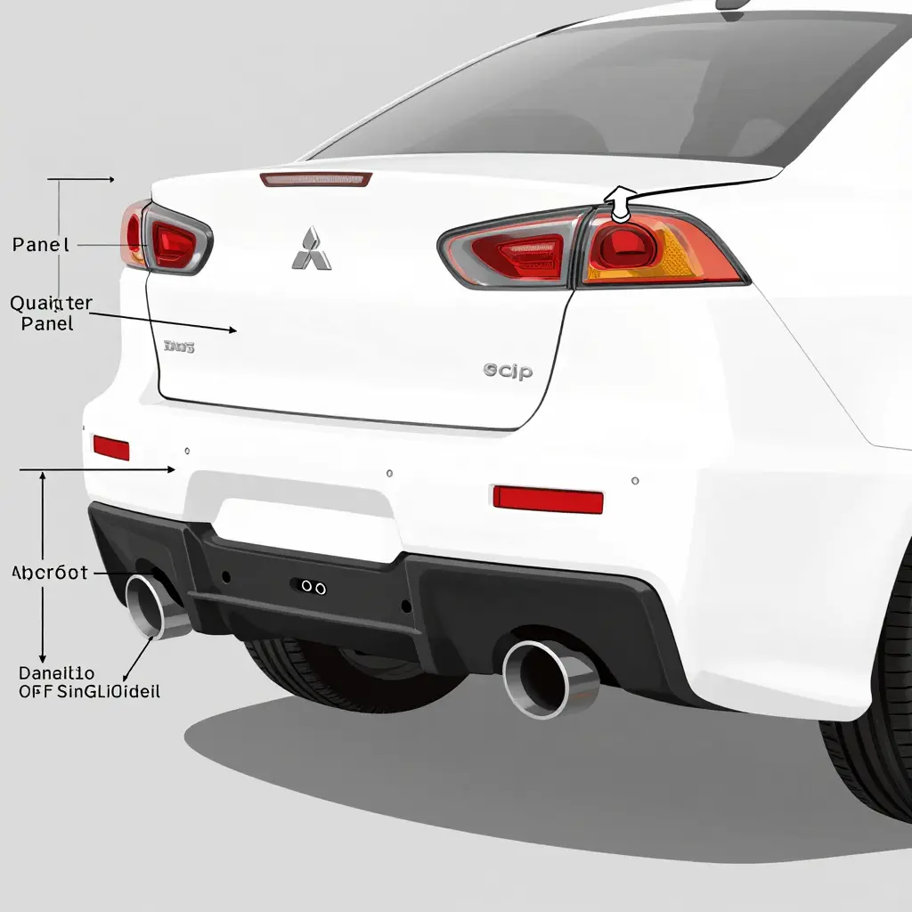 Technical diagram of Evo X rear bumper crash beam bracket datum points, offset, and panel gap alignment