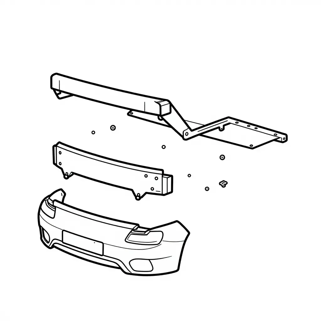 Minimalist 2D exploded side-view line diagram of the Evo X rear bumper stack, showing four separated layers from rear frame rail to crash beam bracket, crash beam, and bumper cover with clip and bolt mounting indicators between each layer