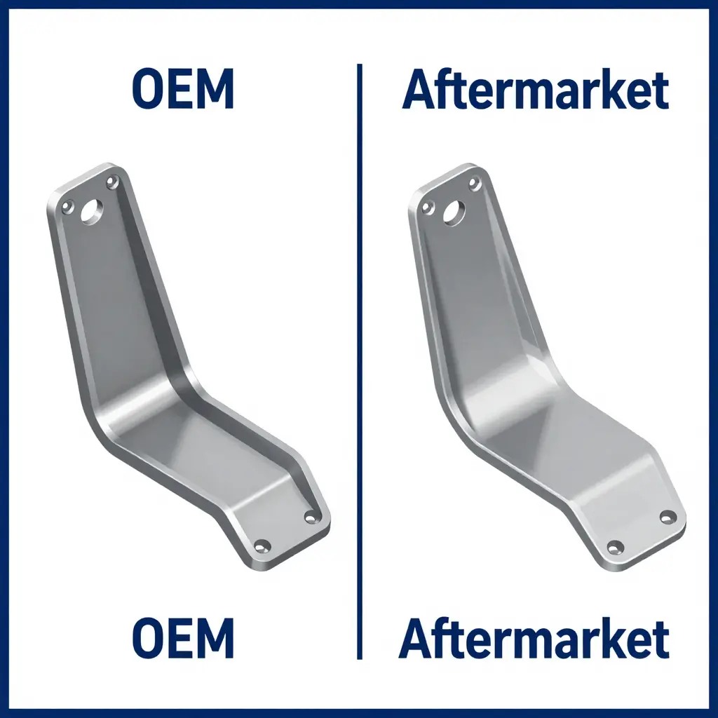 Side-by-side technical diagram comparing an OEM and an aftermarket Evo X rear crash beam bracket, showing precise hole alignment and a flush cover seam versus a thinner bracket with a visible panel gap and loose clips.