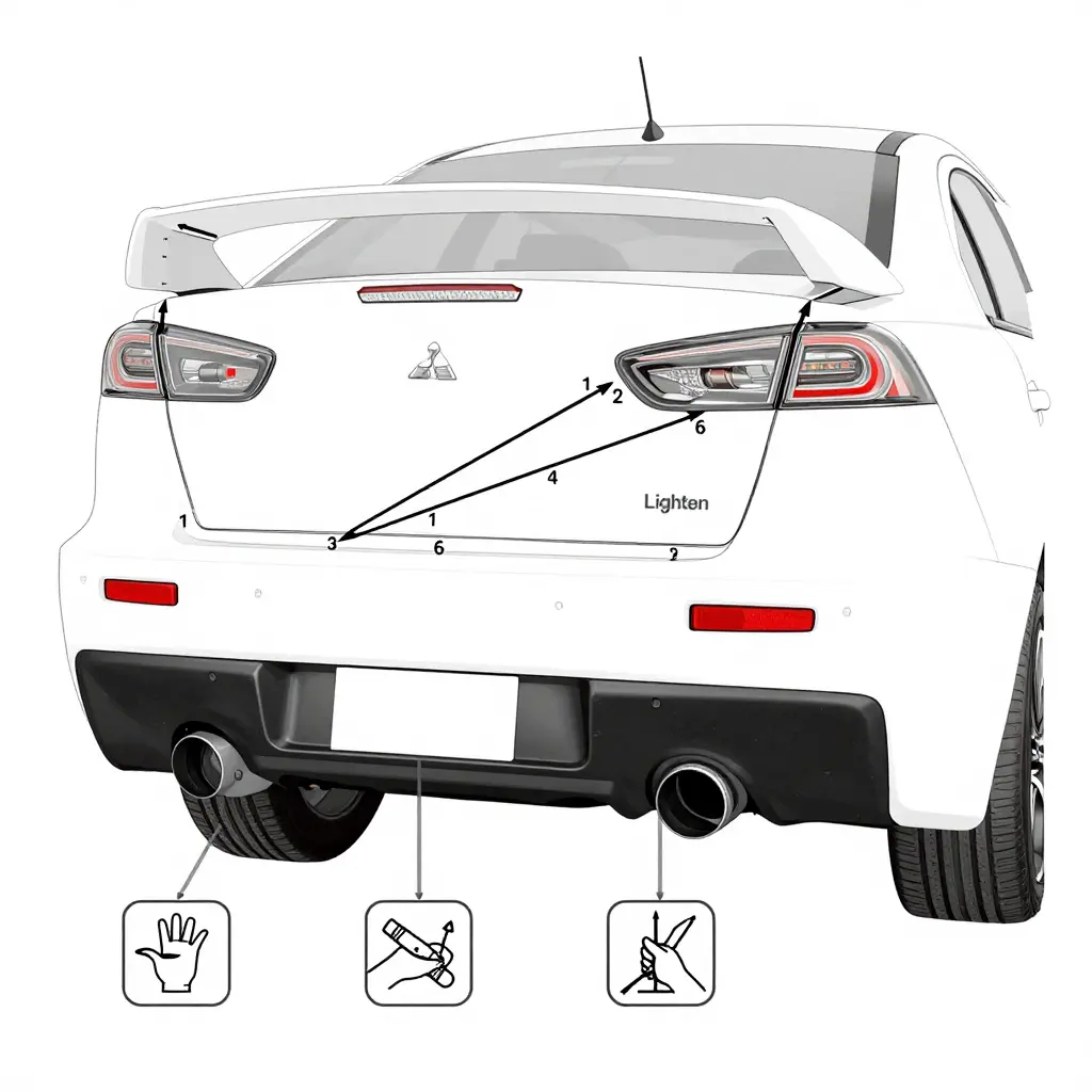 Diagram showing the numbered bolt tightening order and alignment checkpoints for the Evo X rear crash beam bracket