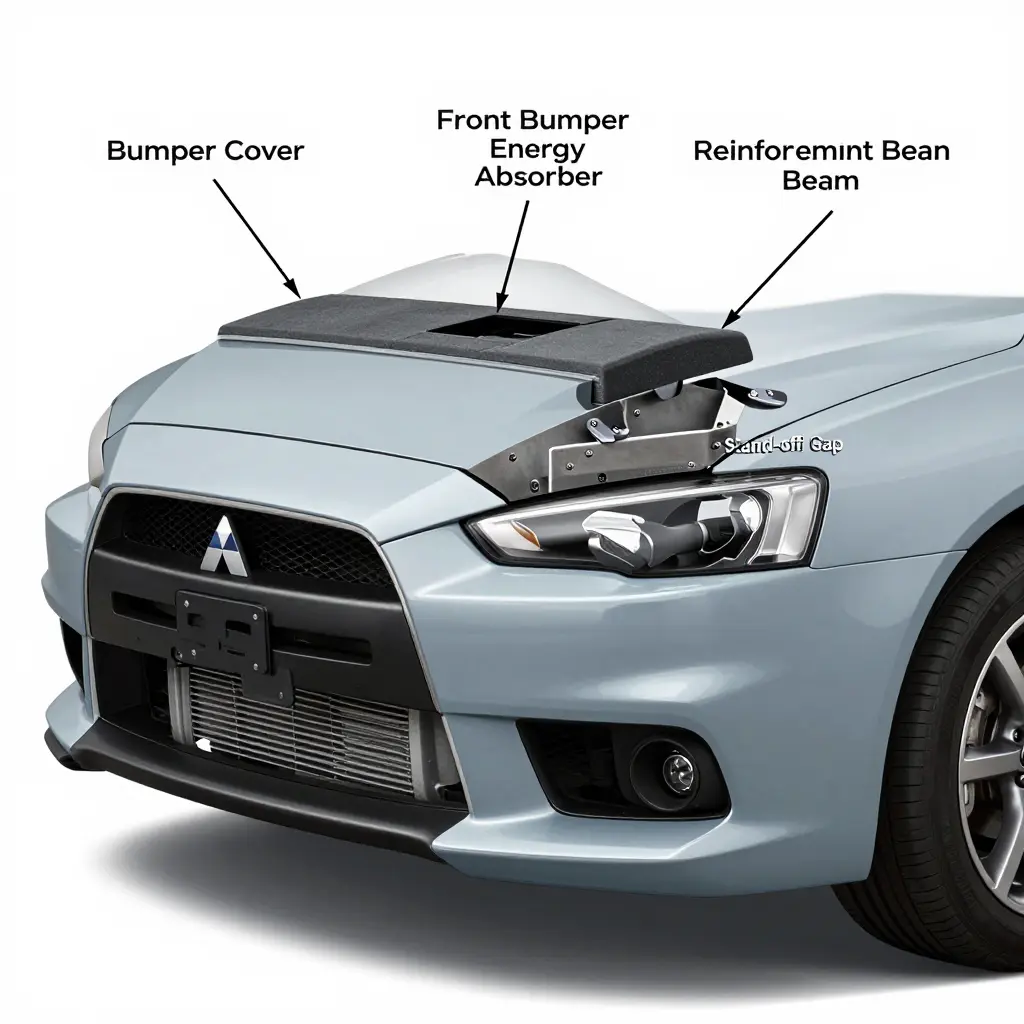 Cutaway diagram of a 2016 Mitsubishi Lancer front bumper assembly showing the front bumper energy absorber mounted between the reinforcement beam and the bumper cover, with the stand-off gap labeled