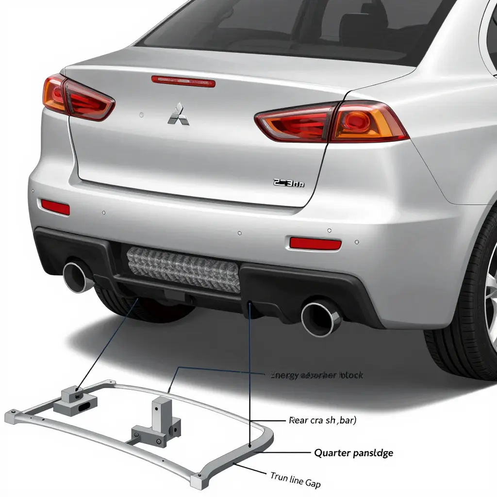 Cutaway diagram of a 2016 Mitsubishi Lancer rear bumper assembly showing the rear bumper energy absorber mounted between the rear reinforcement bar and the bumper cover, with labeled clip towers, quarter panel edge, and trunk line gap
