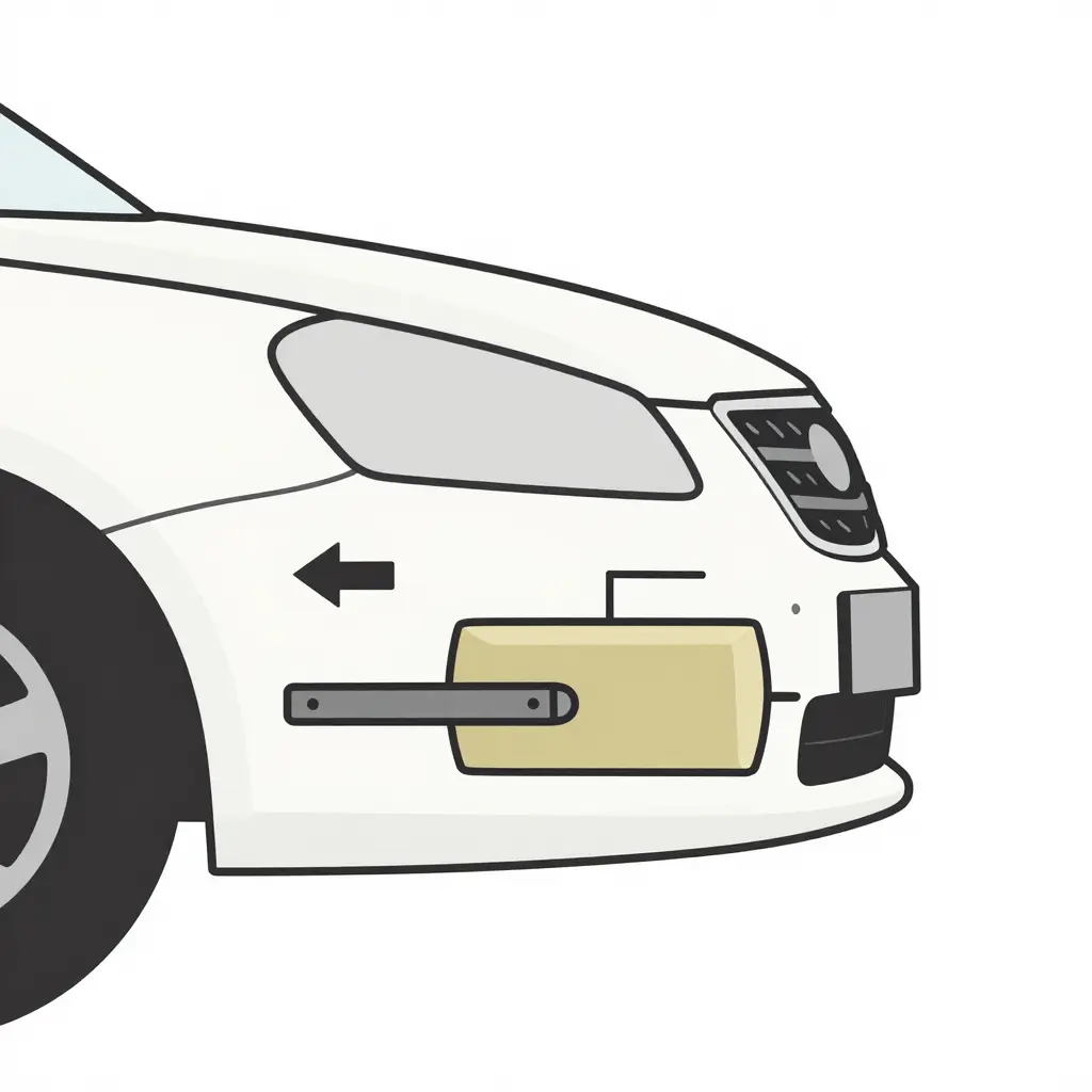Flat 2D cross-section schematic of a 2016 Mitsubishi Lancer front bumper stack showing body panel, reinforcement beam, energy absorber, stand-off gap, and bumper cover, with an arrow indicating impact direction.