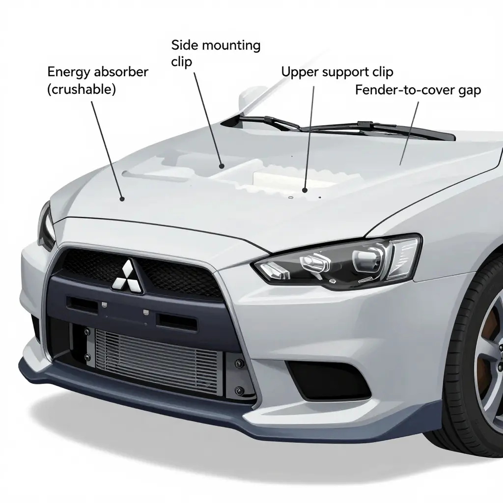 Cutaway diagram of a Mitsubishi Lancer front bumper assembly showing the energy absorber block and mounting clips along the fender line and support bracket