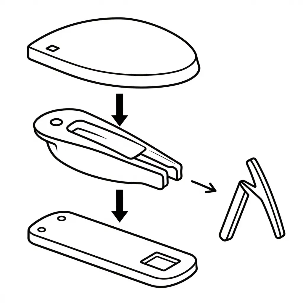 Flat 2D exploded line-art diagram showing a bumper cover tab, a push-type mounting clip, and a body bracket aligned on a vertical axis with a downward insertion arrow and a snap-in retention arrow, plus an inset of a stretched clip failing to seat