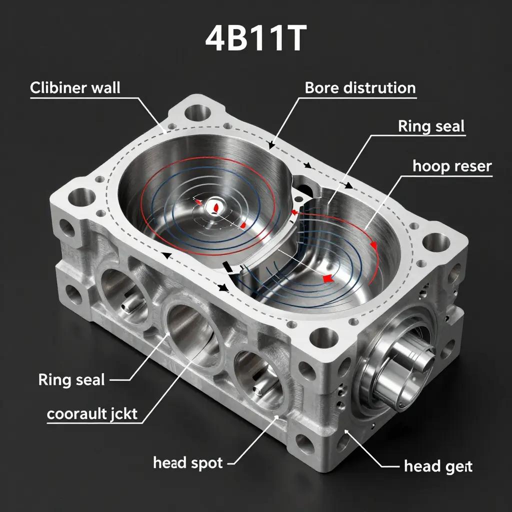 Technical cross-section diagram of a 4B11T cylinder bore showing hoop stress, bore distortion, ring seal, and coolant jacket