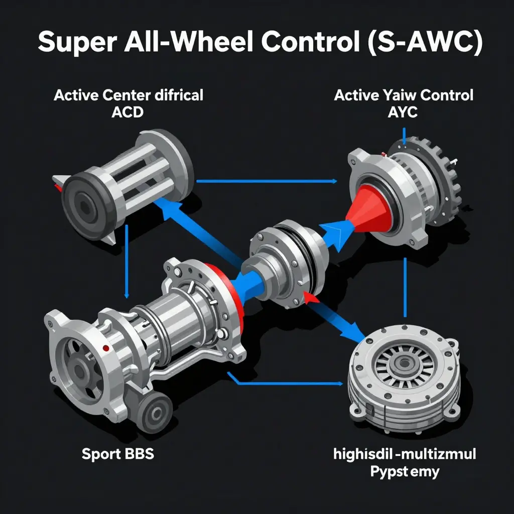 Technical diagram of the Evo X S-AWC system showing the integration of the Active Center Differential (ACD), Active Yaw Control (AYC), Sport ABS, and hydraulic multi-plate clutch packs with torque flow to all four wheels