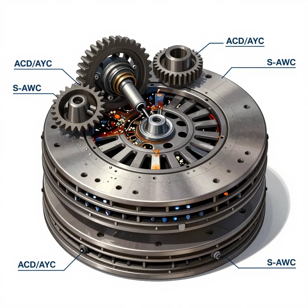 Cross-section of an ACD/AYC clutch pack showing stacked plates and contaminated amber fluid with suspended metal fines