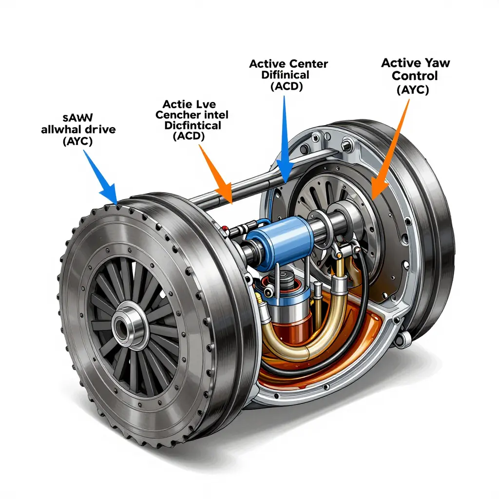 Cutaway diagram of the Mitsubishi S-AWC system showing ACD and AYC clutch packs, hydraulic fluid pathways and contaminated fluid
