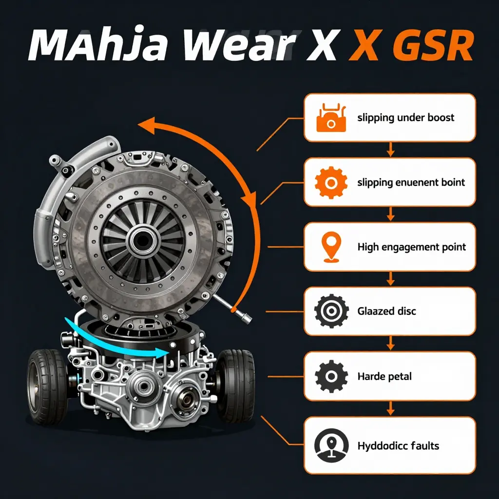 Diagnostic diagram of Evo X GSR clutch wear showing the torque load path through the clutch to the AWD drivetrain and a symptom-to-cause flowchart