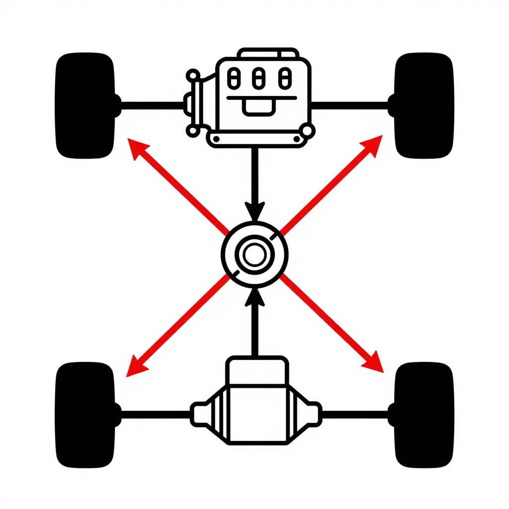 Flat 2D schematic diagram of the Mitsubishi Evo X S-AWC system showing the engine, transfer case, ACD center coupling, and AYC rear differential connected to all four wheels with directional arrows indicating front and rear torque flow